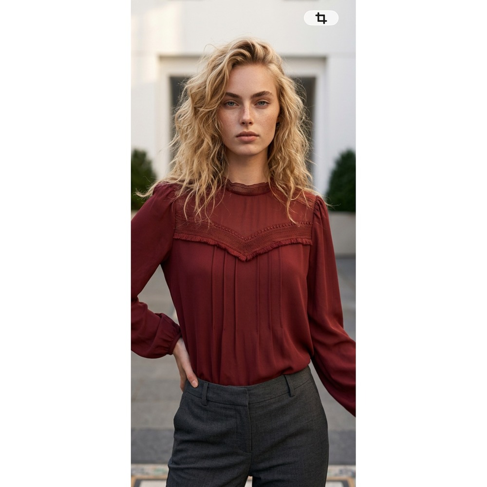 Ann Taylor Burgundy Lace Trim Pintuck Blouse Long Sleeve Crochet Top Large